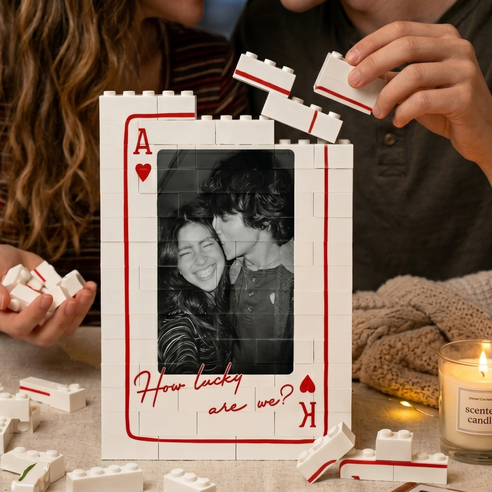 Personalized Photo Building Brick Blocks With Poker Ace King Border For Couples Wedding Anniversary Gift