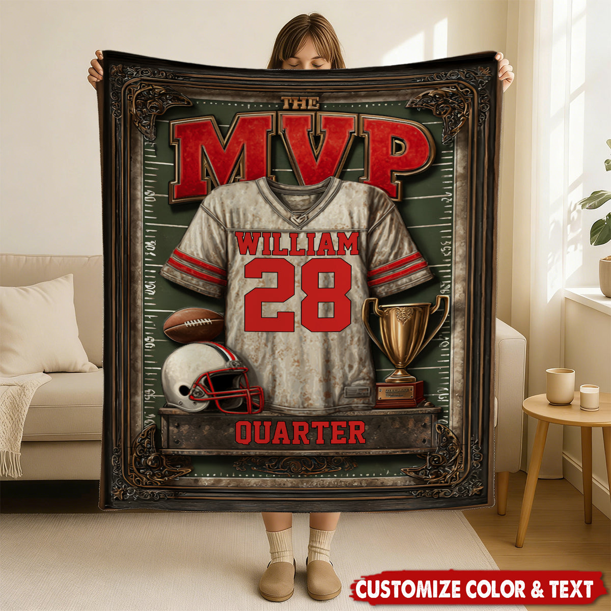 Personalized Vintage Football MVP Quarterback Fleece Blanket With Name Number - Birthday Gift For Sports Fan Son Dad And High School Player