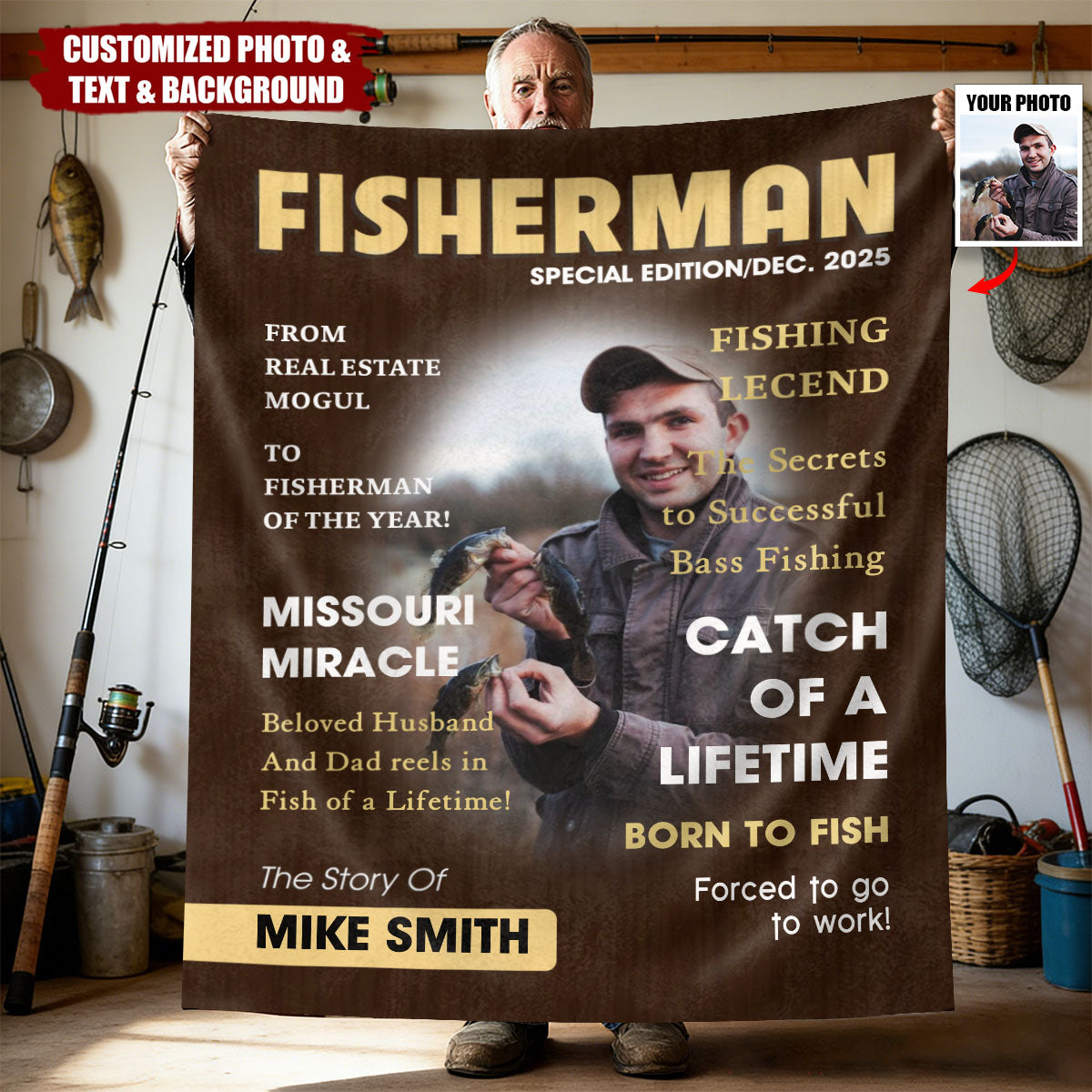 Personalized "Fisherman" Magazine Cover Blanket With Photo Name & Text - Birthday Father's Day Gift For Dad Husband Friend