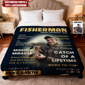 Personalized "Fisherman" Magazine Cover Blanket With Photo Name & Text - Birthday Father's Day Gift For Dad Husband Friend