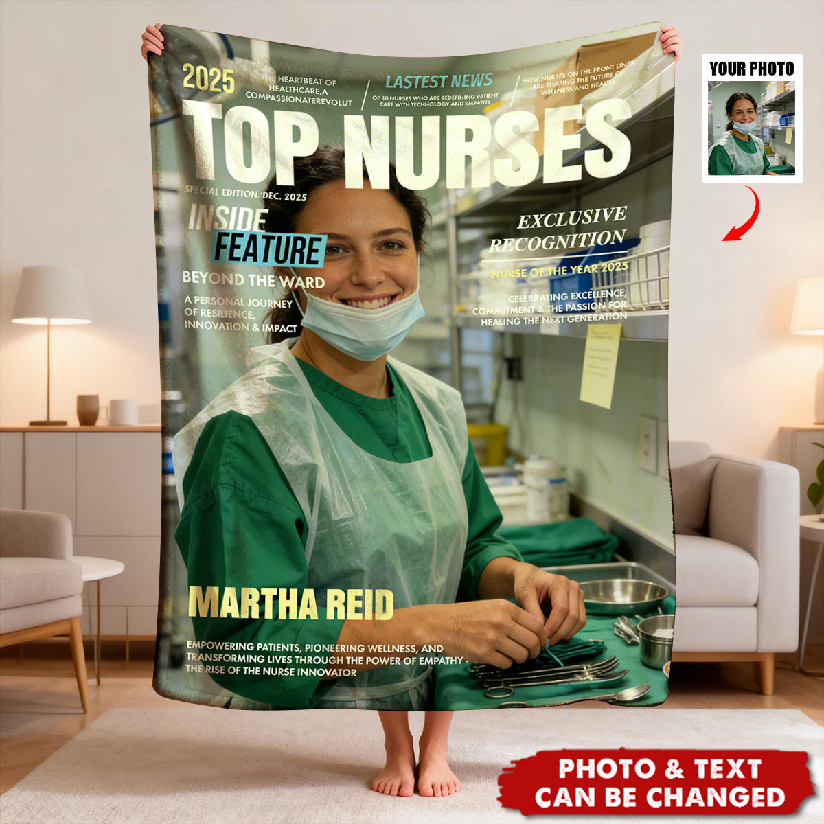 Personalized "Top Nurses" Magazine Cover Photo Blanket With Name - Graduation Appreciation Gift For Nurse & Healthcare Worker