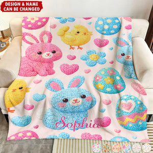 Personalized Faux-Knitted Texture Aesthetic Easter Blanket With Name & Bunny Chick - Sweet Easter Basket Stuffer For Kids & Toddlers