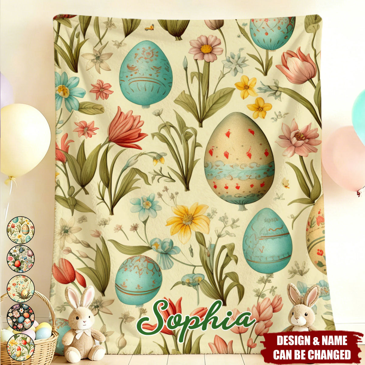 Personalized Spring Floral Egg Print Kids  Fleece Blanket With Name & Bunny Graphics - Sweet Easter Keepsake For Daughter & Babies