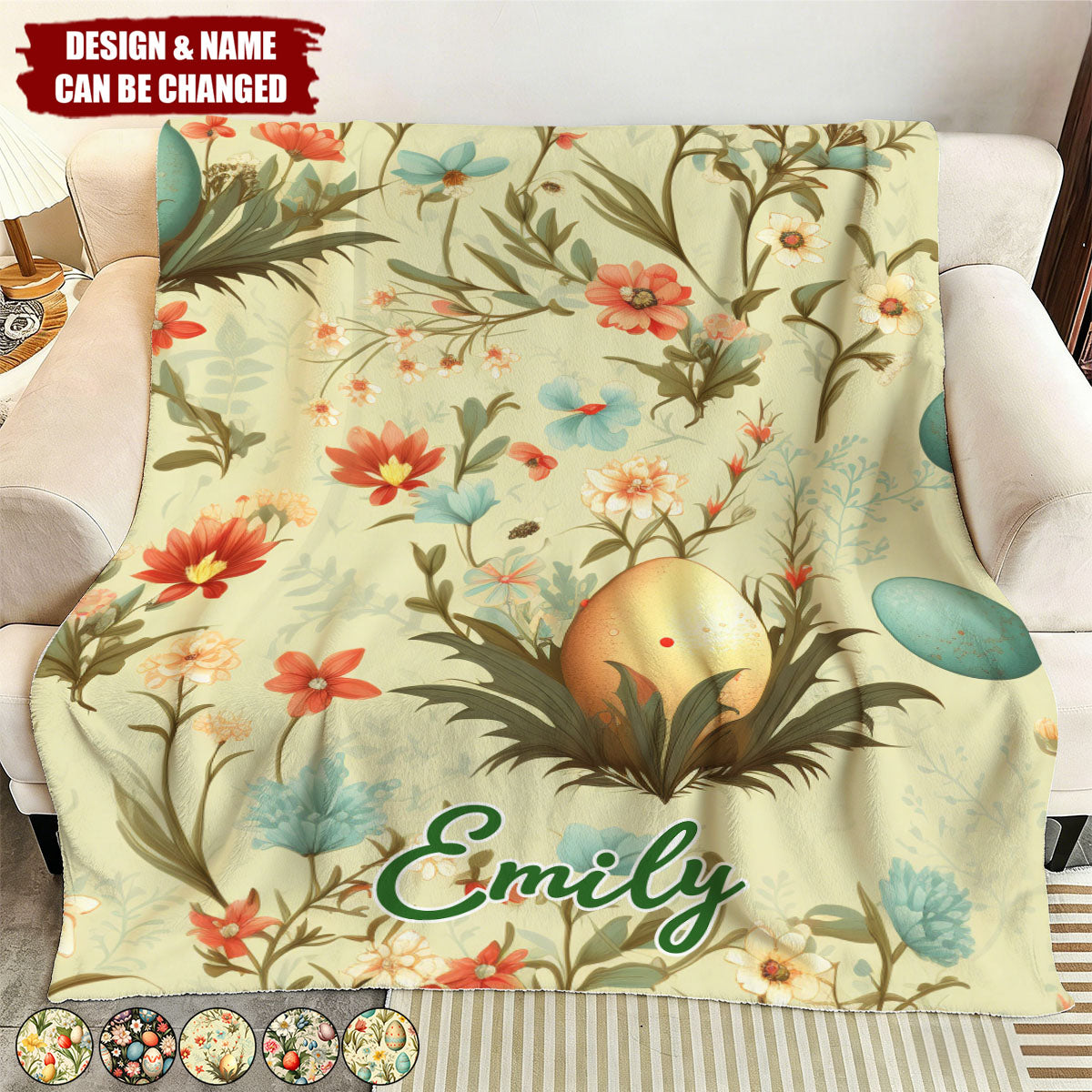 Personalized Spring Floral Egg Print Kids  Fleece Blanket With Name & Bunny Graphics - Sweet Easter Keepsake For Daughter & Babies