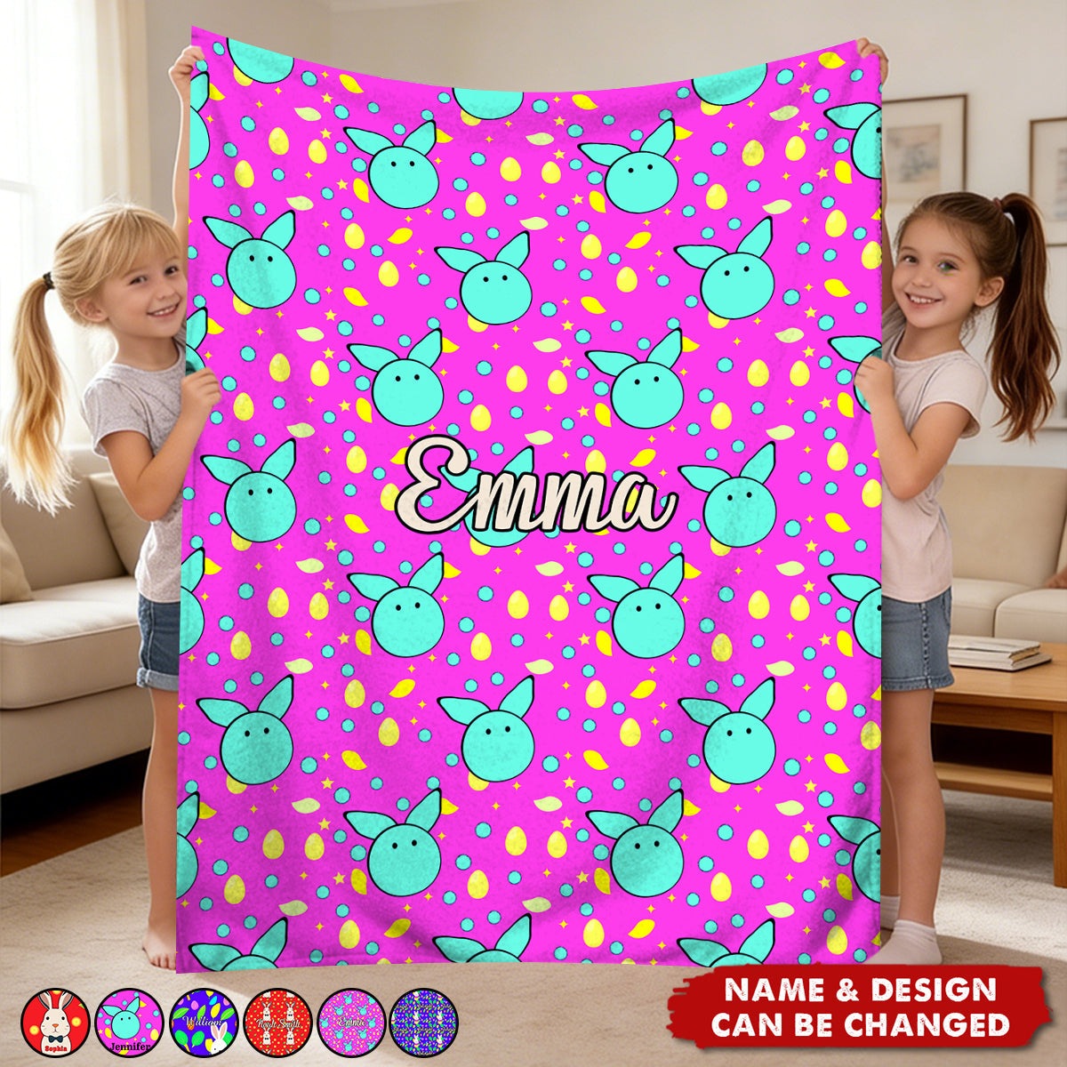 Personalized Cute Cartoon Bunny  Kids Easter Blanket With Name | Happy Easter Gift For Kids
