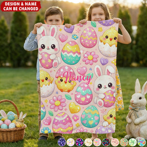 Personalized Soft Kids Easter Blanket With Name & Bunny Egg Design | Happy Easter Gift For Kids