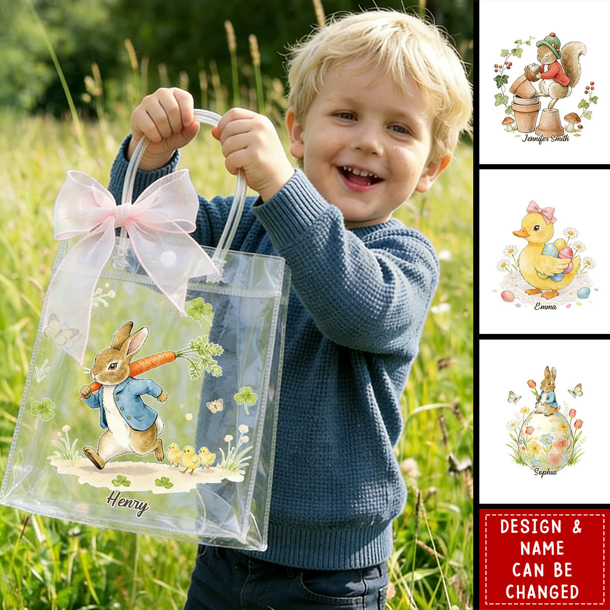 Personalized Easter Rabbit Transparent Gift Bag With Design & Name - Easter Gift For Family Kids