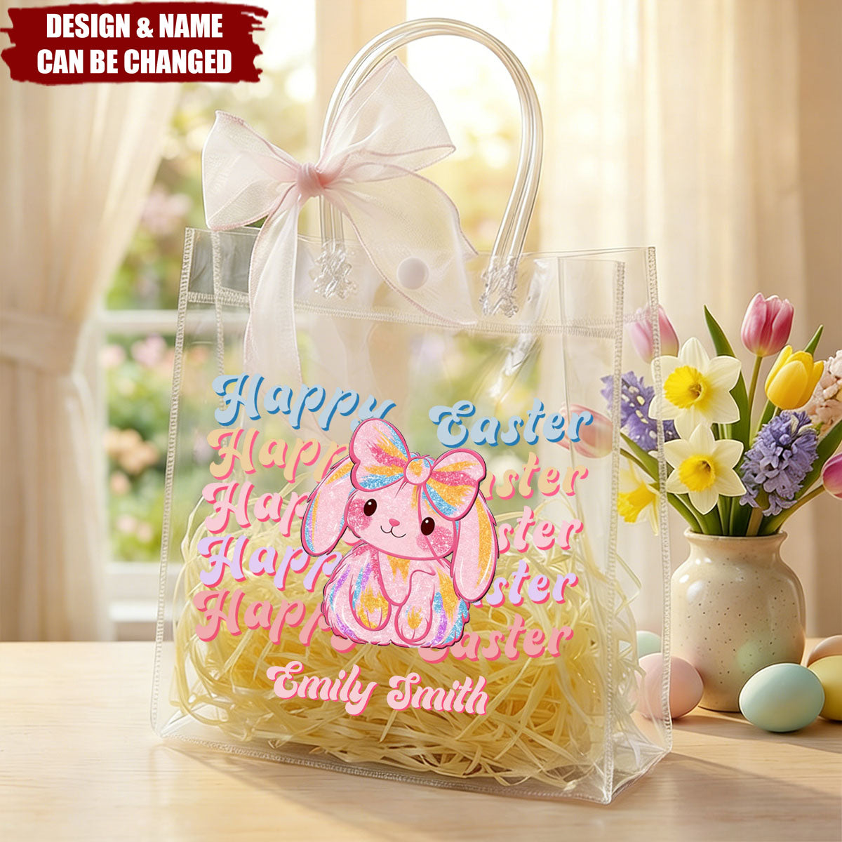 Personalized Clear Easter Gift Bag With Y2K Bunny Design & Name |  Easter Gift for Kids