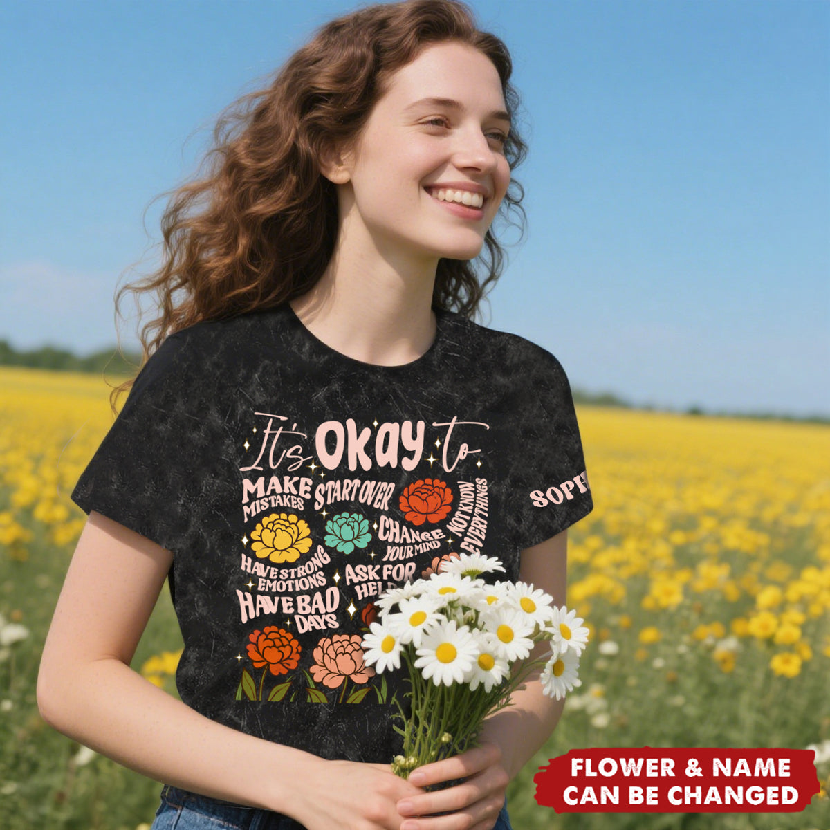 Personalized "It's Okay To" Acid Wash T-Shirt With Name & Flower Empowering Vintage Style For Own & Gifts