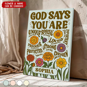 Personalized "God Says You Are" Canvas Poster With Flower & Name,Unique Motivational Wall Art For Your Space