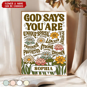 Personalized "God Says You Are" Canvas Poster With Flower & Name,Unique Motivational Wall Art For Your Space