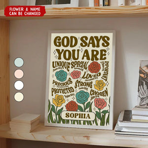 Personalized "God Says You Are" Canvas Poster With Flower & Name,Unique Motivational Wall Art For Your Space