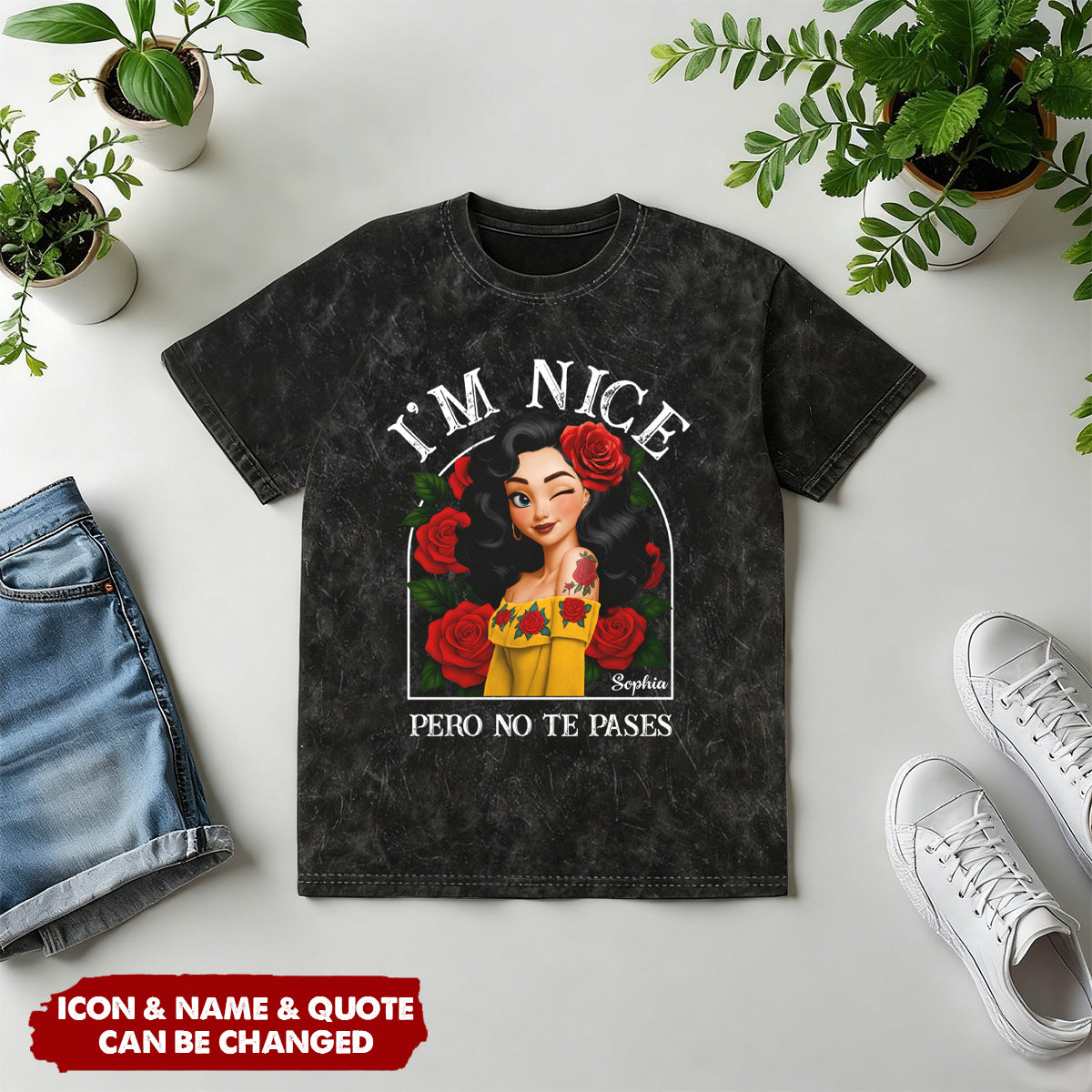 Personalized "Be A Chingona Hispanic" Acid Wash T‑Shirt With Design & Name Trendy Vintage Style Tee For Own & Friend
