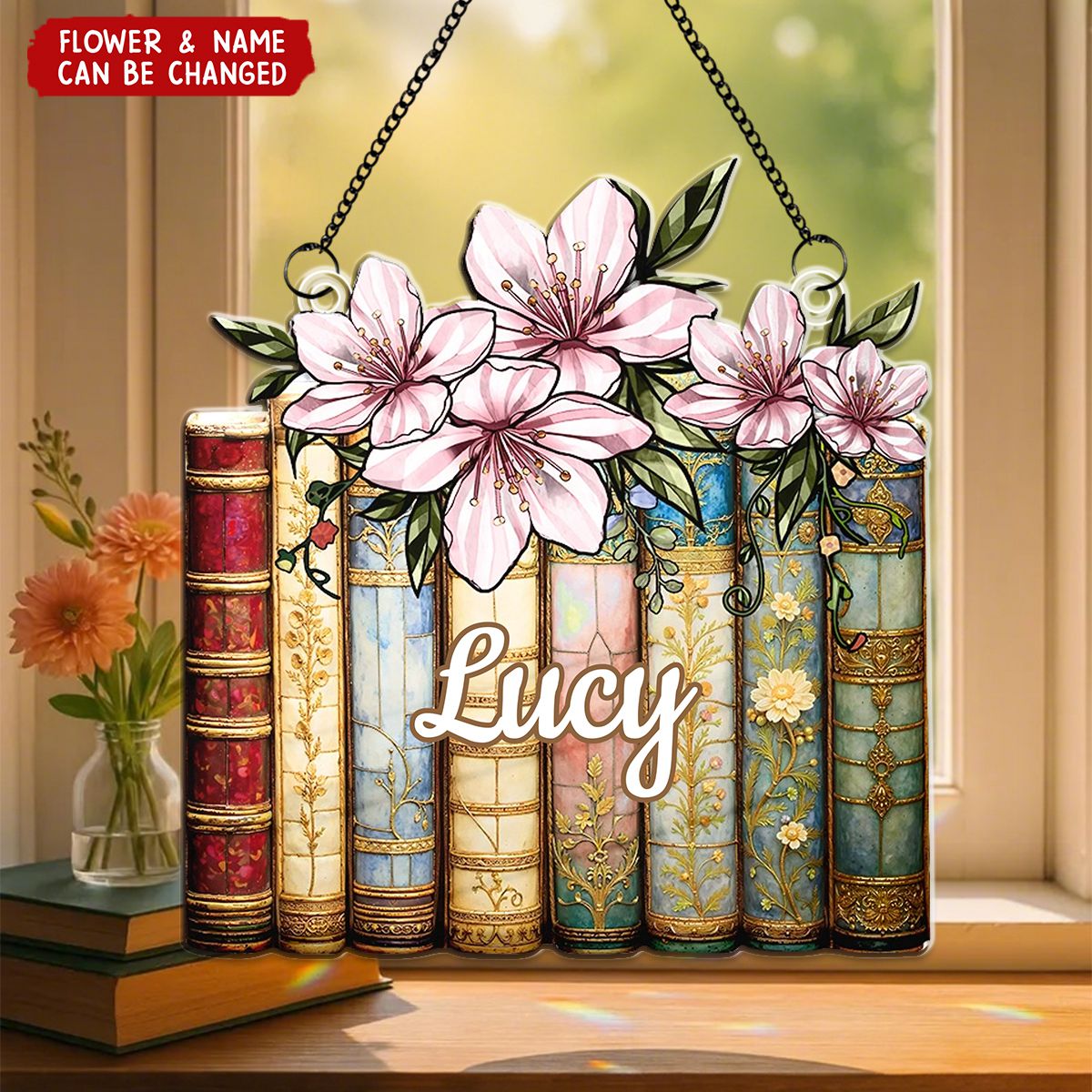 Personalized Birth Flower & Book Stack Stained Glass Effect Suncatcher Ornament With Name Unique Christmas & Birthday Gift For Book Lover
