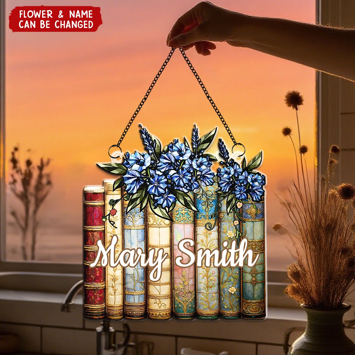 Personalized Birth Flower & Book Stack Stained Glass Effect Suncatcher Ornament With Name Unique Christmas & Birthday Gift For Book Lover