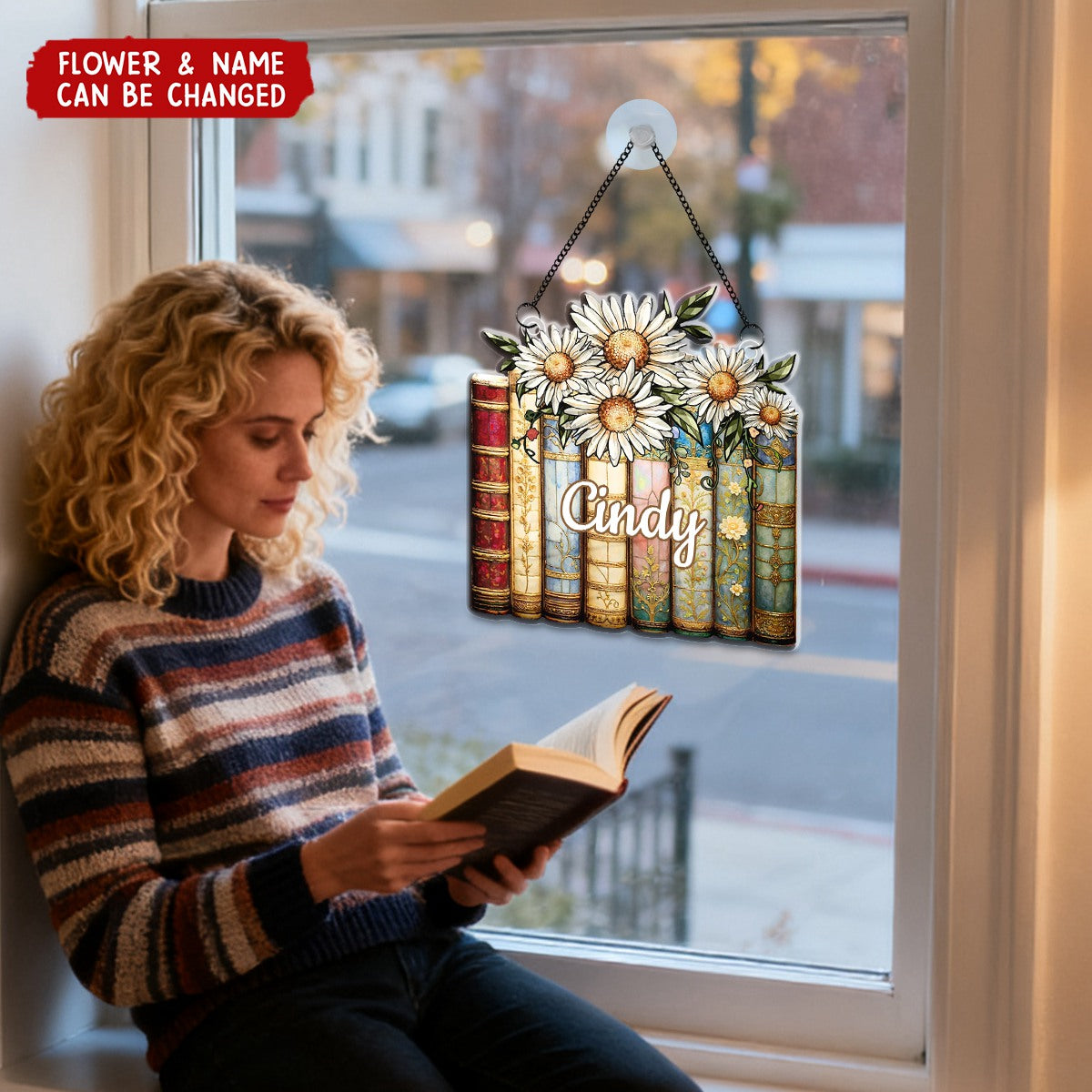 Personalized Birth Flower & Book Stack Stained Glass Effect Suncatcher Ornament With Name Unique Christmas & Birthday Gift For Book Lover