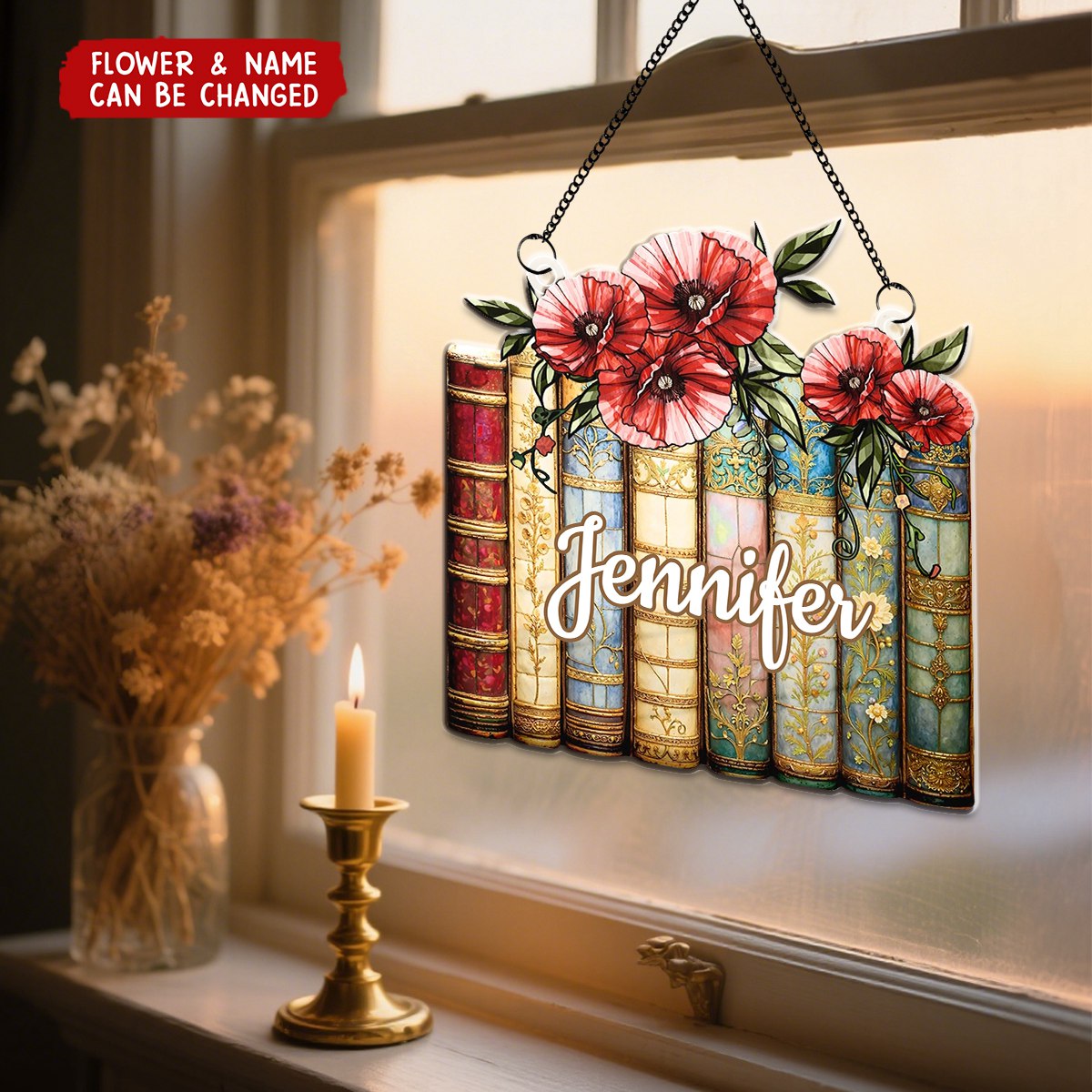 Personalized Birth Flower & Book Stack Stained Glass Effect Suncatcher Ornament With Name Unique Christmas & Birthday Gift For Book Lover