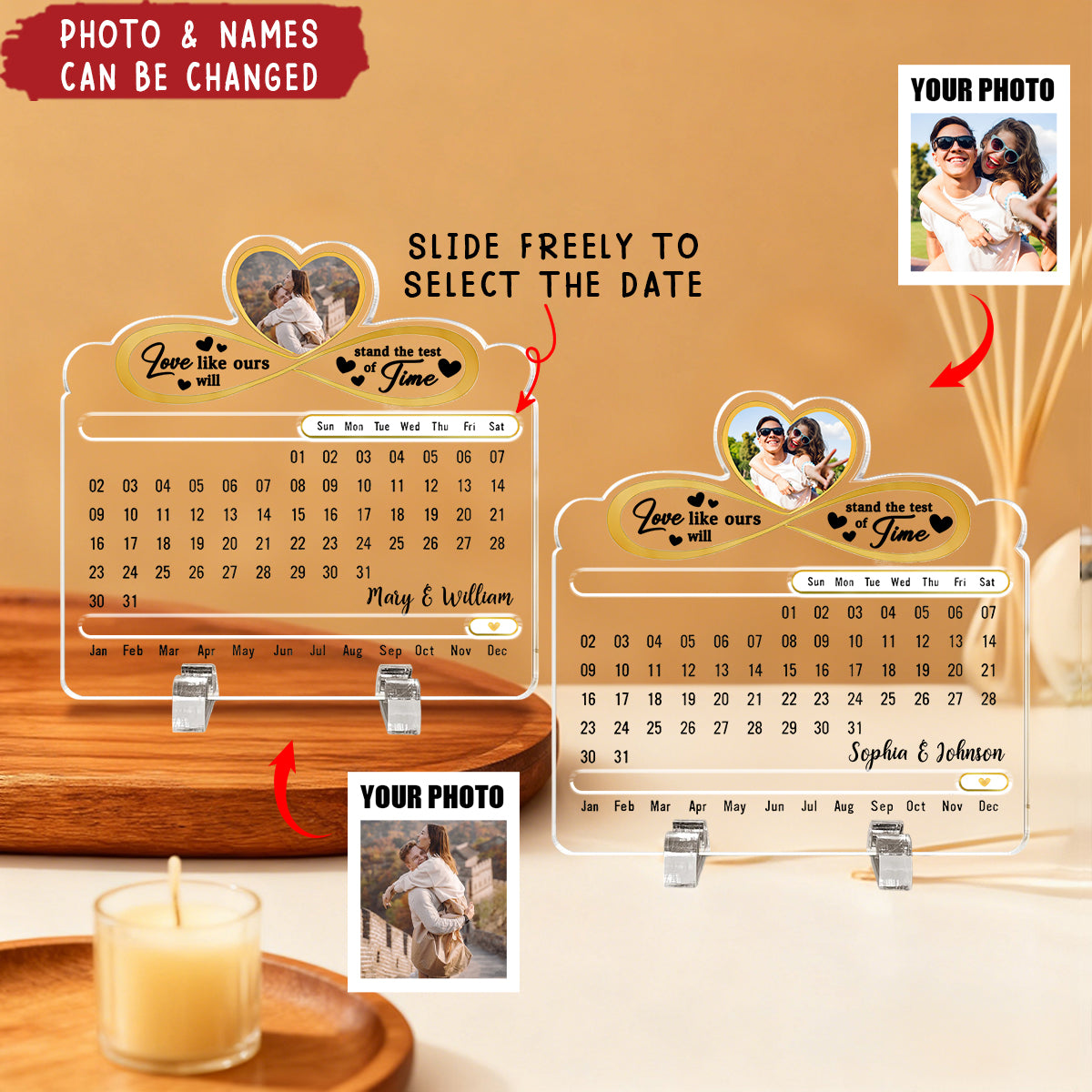 Personalized "Our Love Is Timeless" Perpetual Desk Calendar With Names Photo And Text Romantic Anniversary & Valentine's Gift For Couple