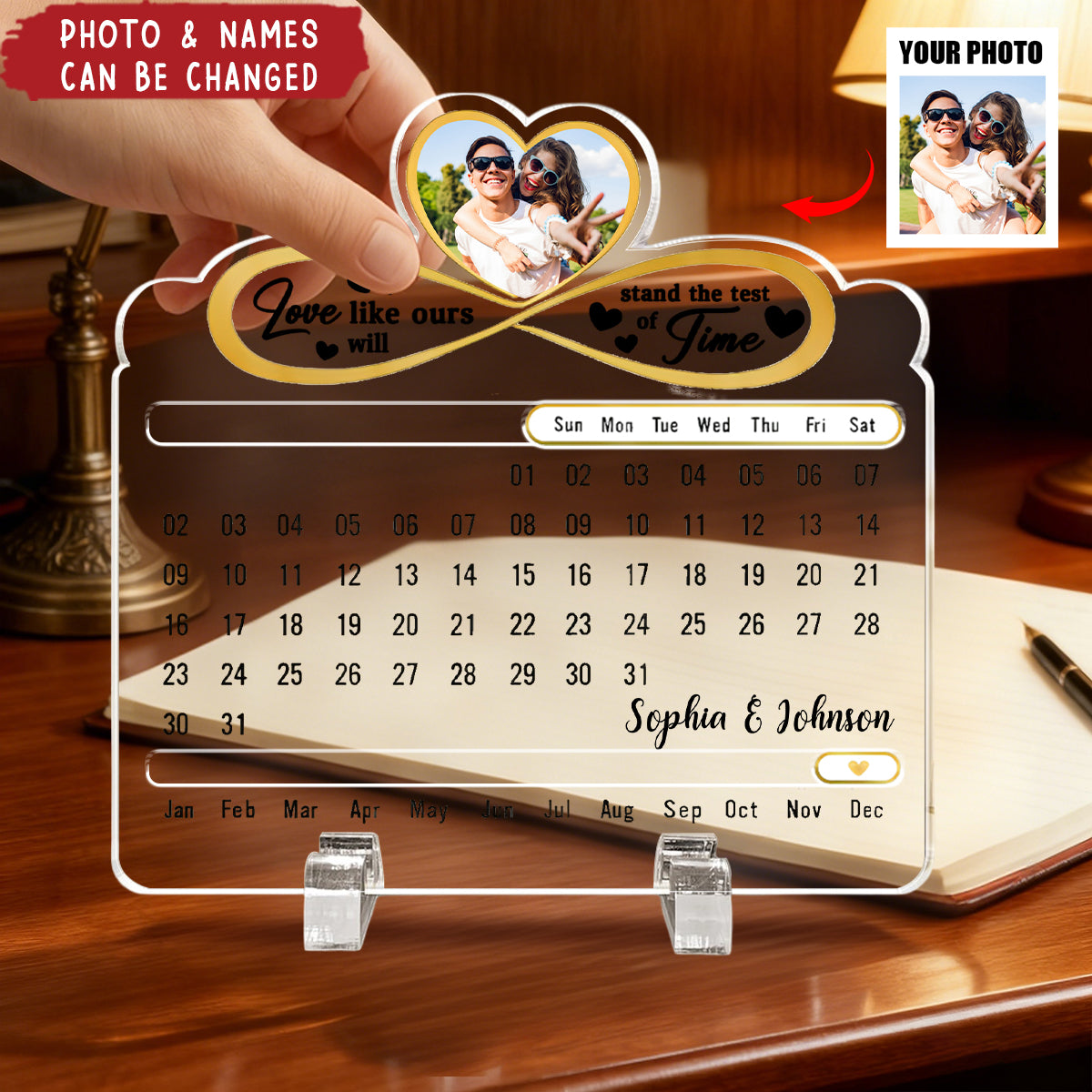 Personalized "Our Love Is Timeless" Perpetual Desk Calendar With Names Photo And Text Romantic Anniversary & Valentine's Gift For Couple