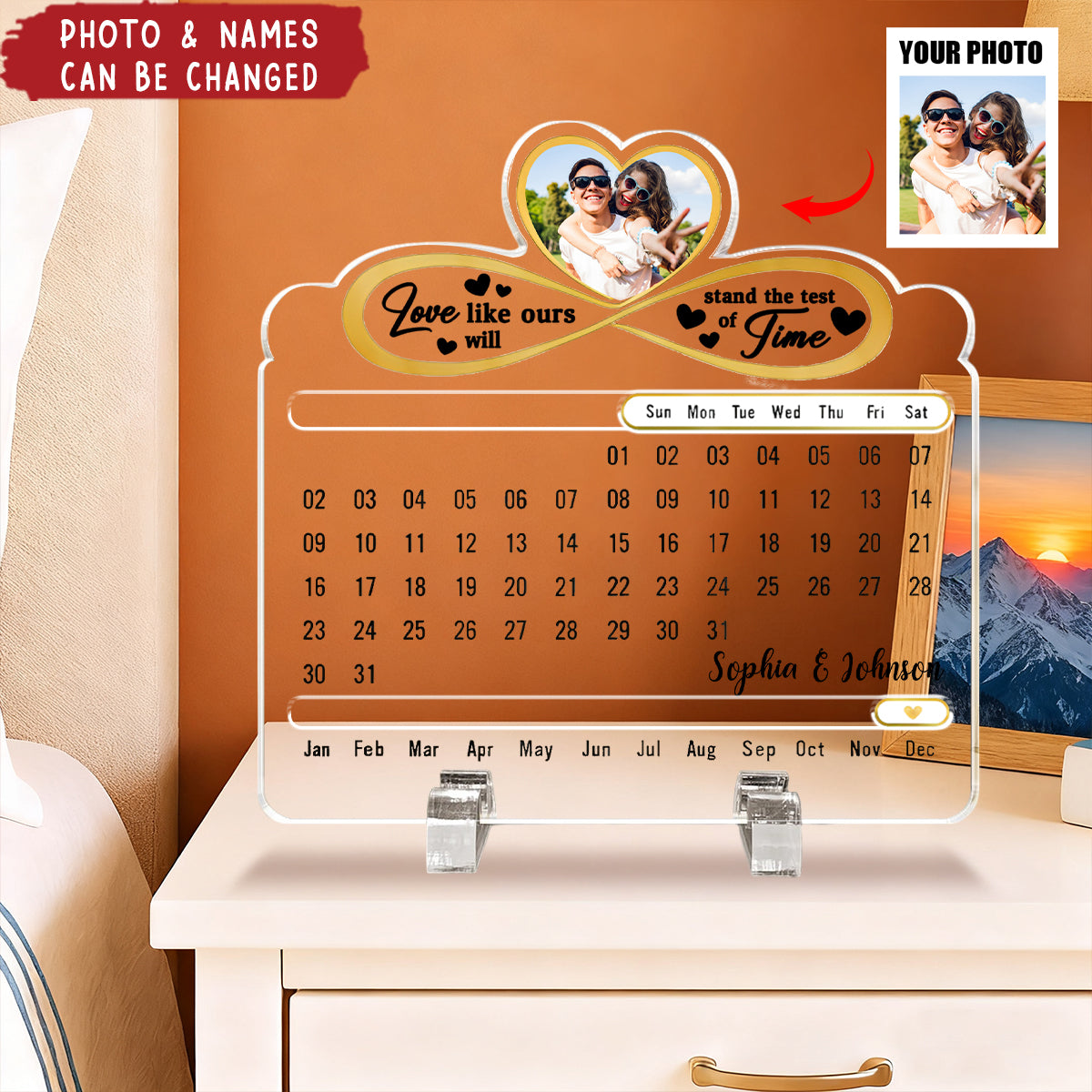 Personalized "Our Love Is Timeless" Perpetual Desk Calendar With Names Photo And Text Romantic Anniversary & Valentine's Gift For Couple