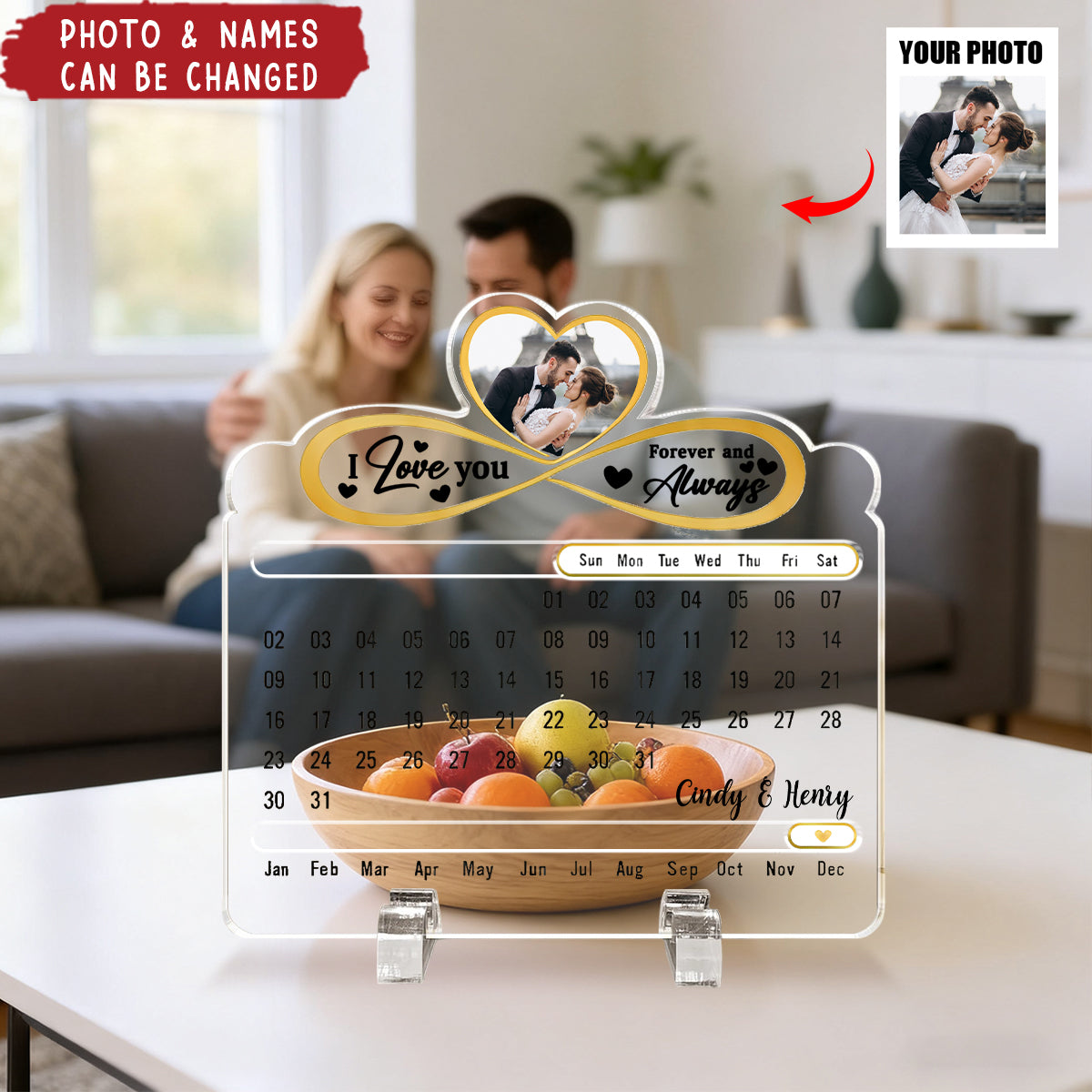 Personalized "Our Love Is Timeless" Perpetual Desk Calendar With Names Photo And Text Romantic Anniversary & Valentine's Gift For Couple