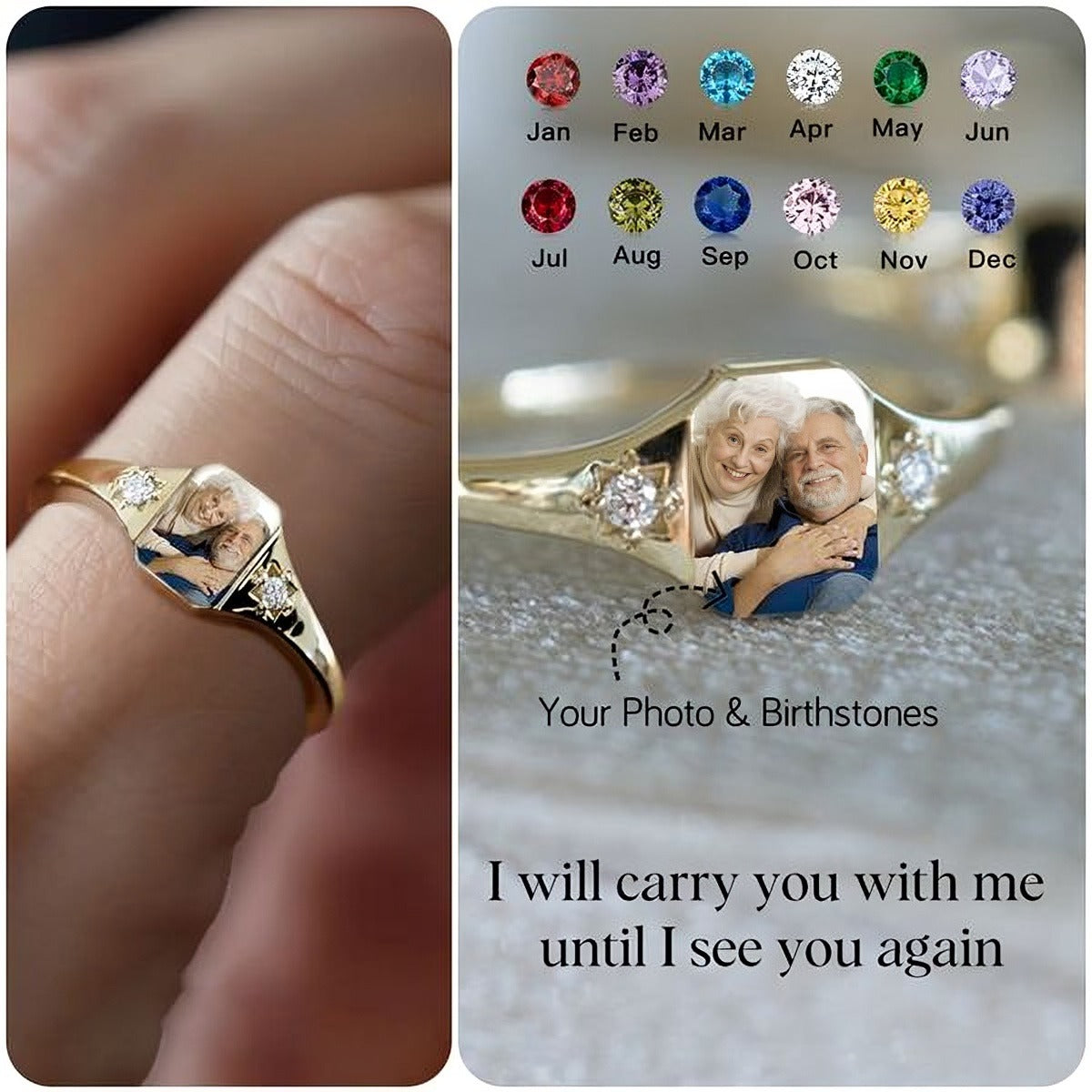 Personalized Birthstone Memorial Ring With Photo & Birthstone - Remembrance | Mother's Day | Valentine's Gift For Wife Grandparents