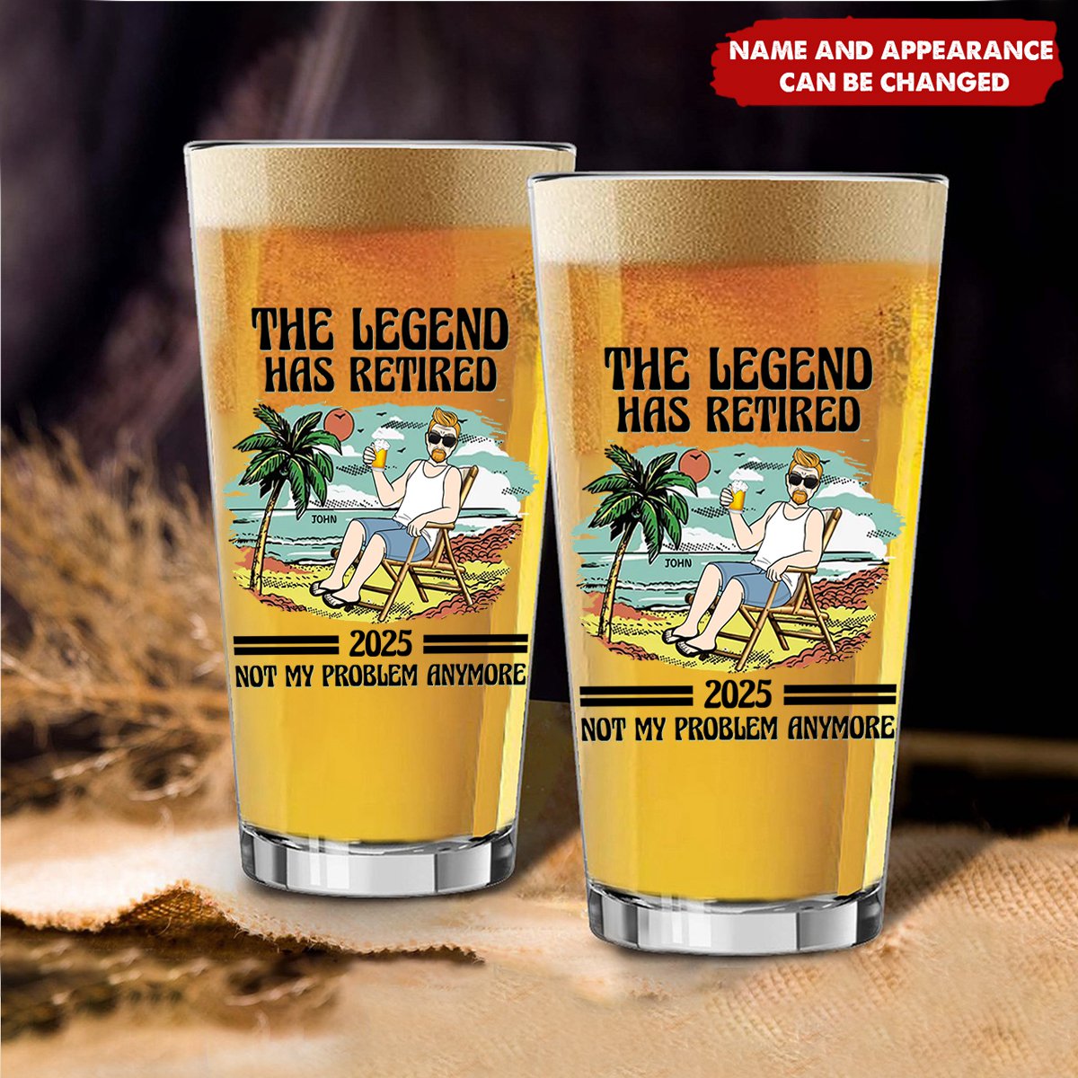 Personalized "The Legend Has Retired" Beer Glass - Vintage Beach Theme, Custom Name & Image, Exclusive Fun Souvenir Gift For Retiring People