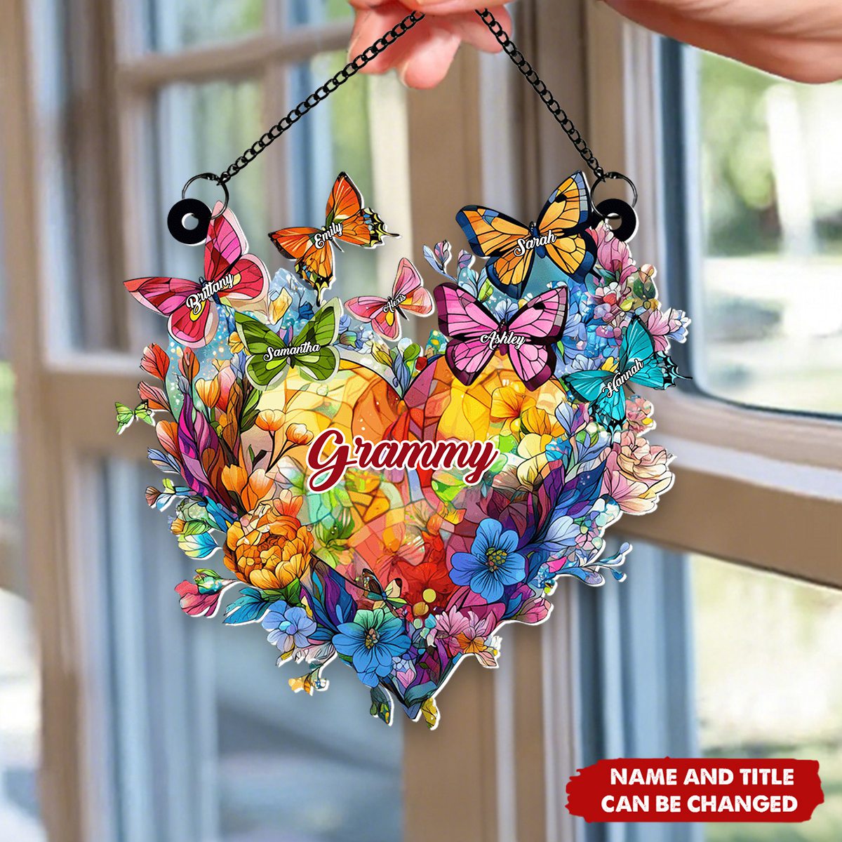 Grandma Mom Flower Heart And Butterflies - Personalized Window Hanging Suncatcher Ornament