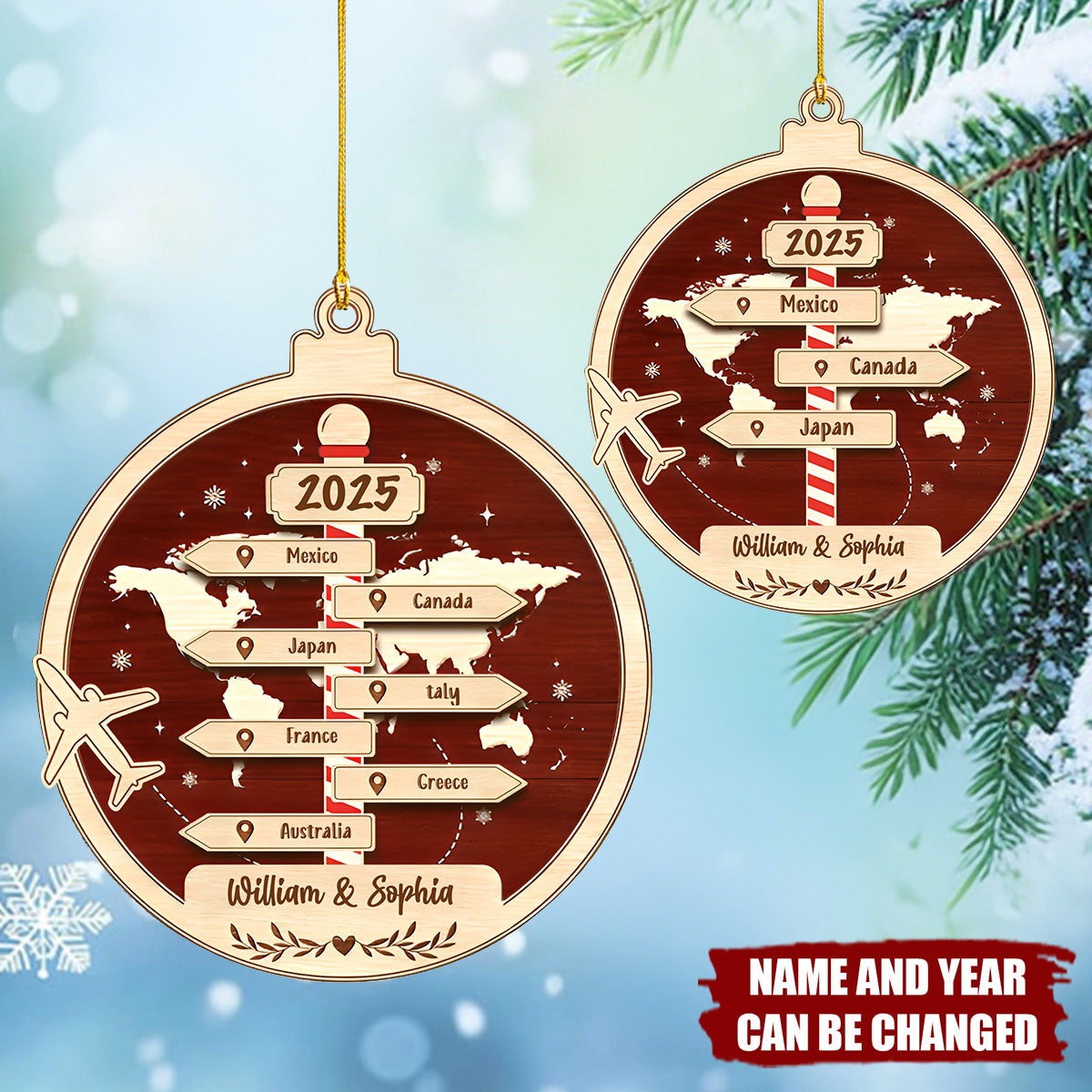 Personalized Travel Footprints Ornament- Customized Name, Year & Number Of Cities, Records The Adventure Travel Lovers Journey