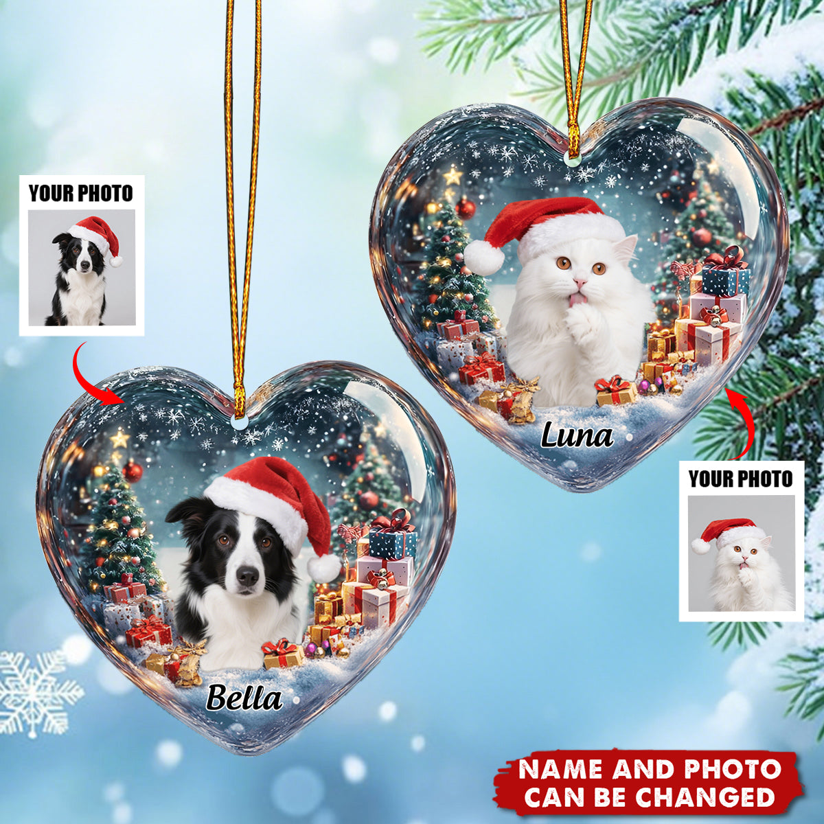 Custom Pet Photo Heart Christmas Ornament - Personalized Name & Picture,"Forever Loved" Christmas Gift for Furry Family