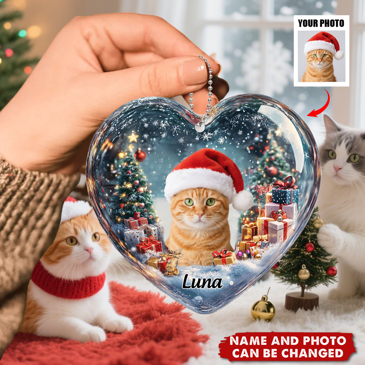 Custom Pet Photo Heart Christmas Ornament - Personalized Name & Picture,"Forever Loved" Christmas Gift for Furry Family