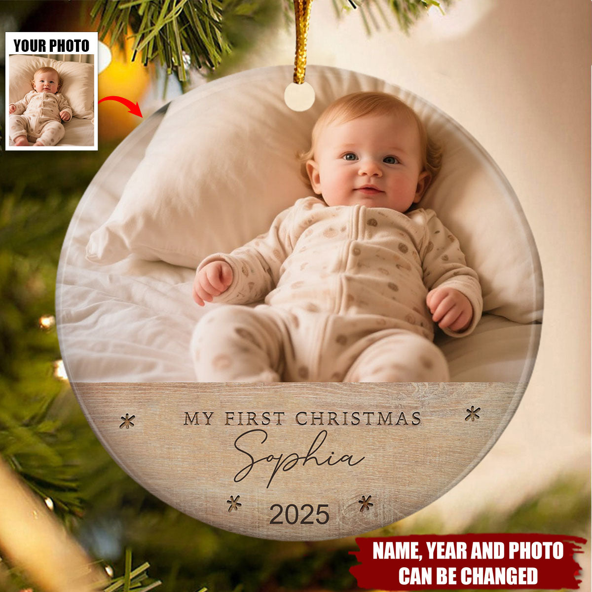 Customize Baby's First Christmas Photo Ornament - Personalized Name, Year & Photo | Heartwarming Gift for New Parents & Family