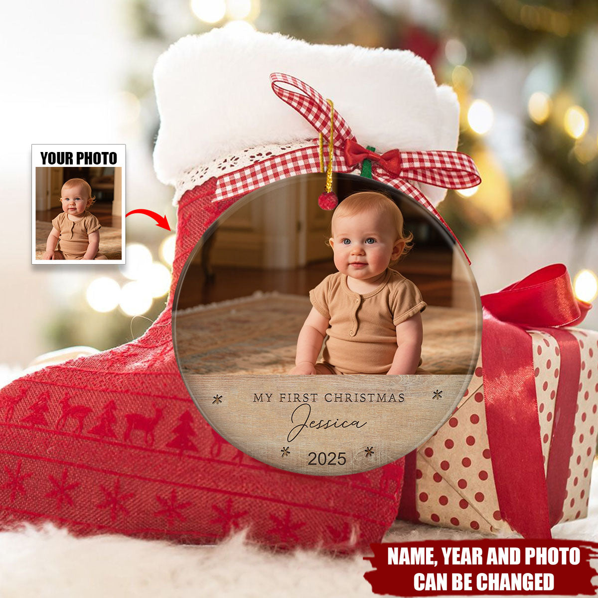 Customize Baby's First Christmas Photo Ornament - Personalized Name, Year & Photo | Heartwarming Gift for New Parents & Family