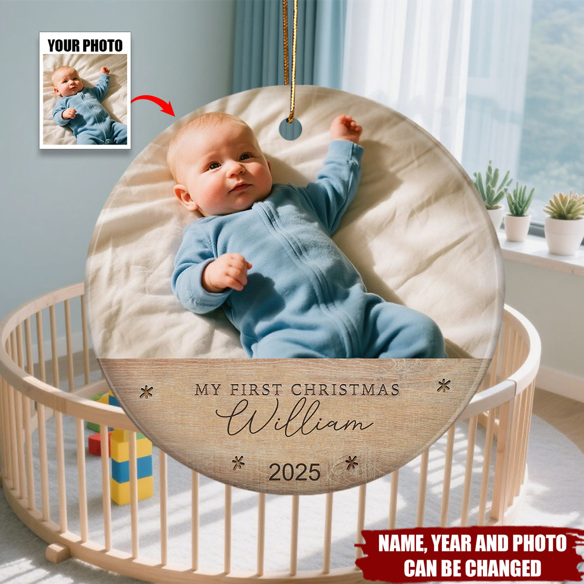 Customize Baby's First Christmas Photo Ornament - Personalized Name, Year & Photo | Heartwarming Gift for New Parents & Family