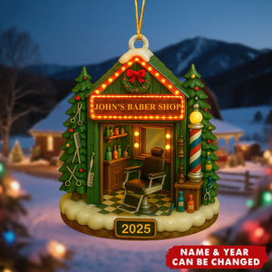 Custom Barber Shop Christmas Ornament - Personalized Name & Year Wooden Gift for Barbers, Hairstylists, Barbershop Decor