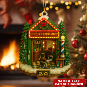 Custom Barber Shop Christmas Ornament - Personalized Name & Year Wooden Gift for Barbers, Hairstylists, Barbershop Decor