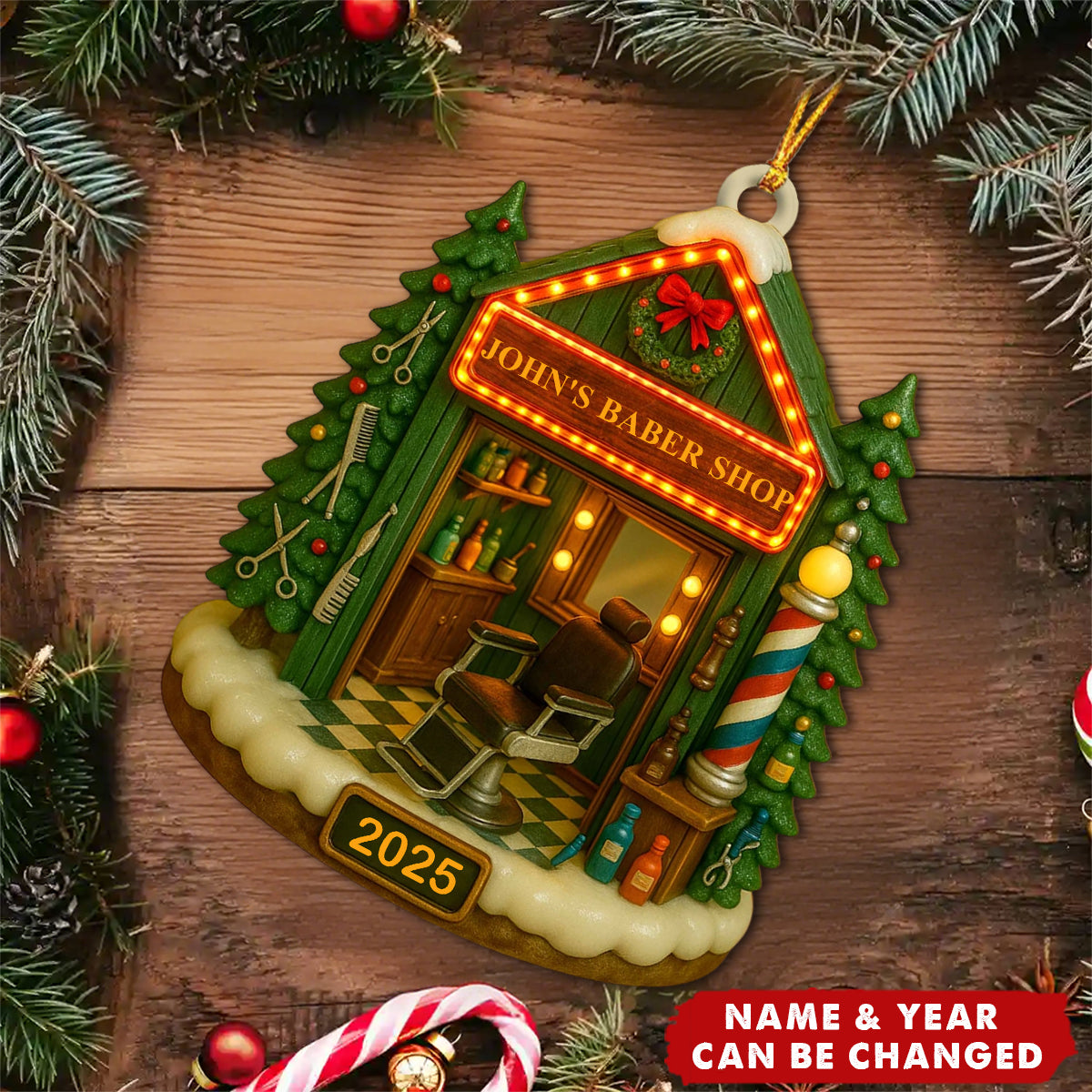 Custom Barber Shop Christmas Ornament - Personalized Name & Year Wooden Gift For Barbers, Hairstylists, Barbershop Decor