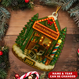 Custom Barber Shop Christmas Ornament - Personalized Name & Year Wooden Gift for Barbers, Hairstylists, Barbershop Decor