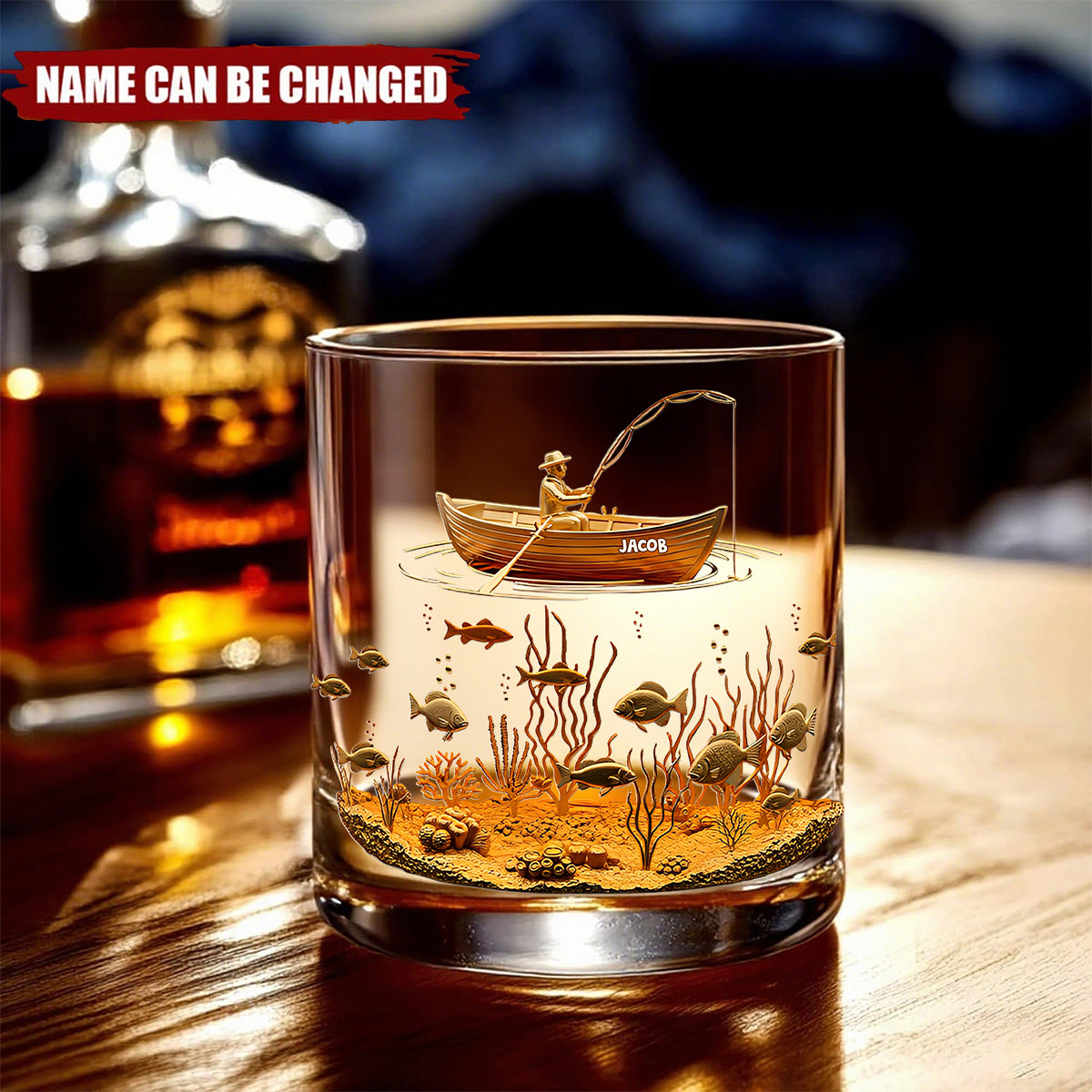 Personalized Fishing Scene Whiskey Glass With Name,Thoughtful Birthday Gift for Dad Husband Fishing Lovers