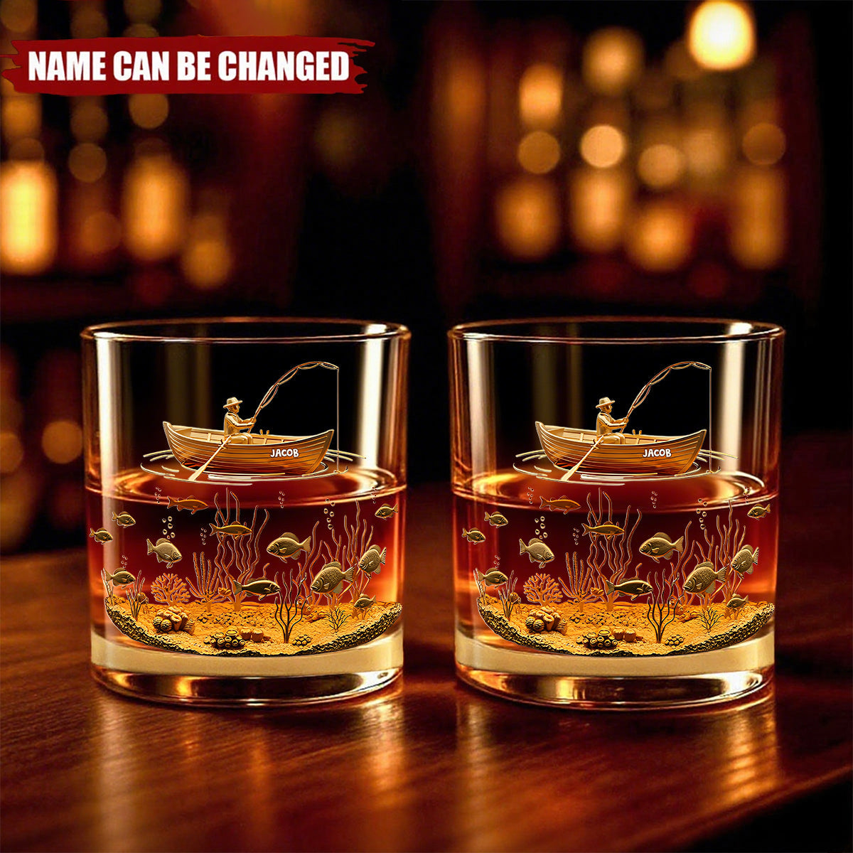 Personalized Fishing Scene Whiskey Glass With Name,Thoughtful Birthday Gift for Dad Husband Fishing Lovers