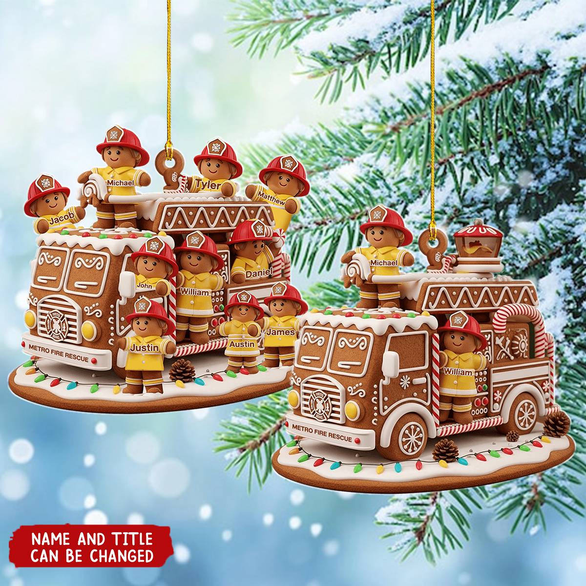 Personalized Gingerbread Fire Truck Ornament With 1-10 Names |Christmas Gift for Firefighters
