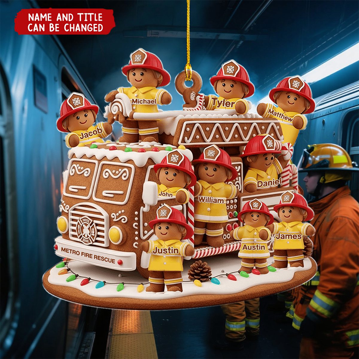 Personalized Gingerbread Fire Truck Ornament With 1-10 Names |Christmas Gift for Firefighters