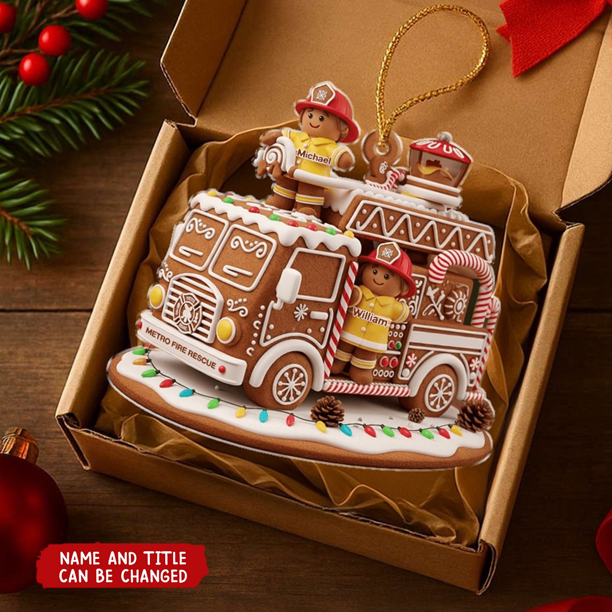 Personalized Gingerbread Fire Truck Ornament With 1-10 Names |Christmas Gift for Firefighters