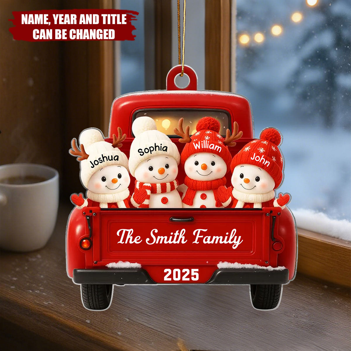 Personalized Family Snowman on Christmas Truck Ornament With Kid's Names & Year | Light up a warm Christmas For Family