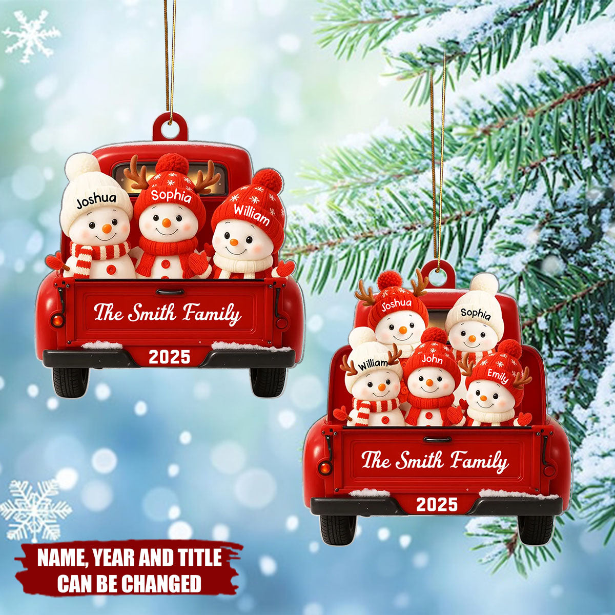 Personalized Family Snowman on Christmas Truck Ornament With Kid's Names & Year | Light up a warm Christmas For Family