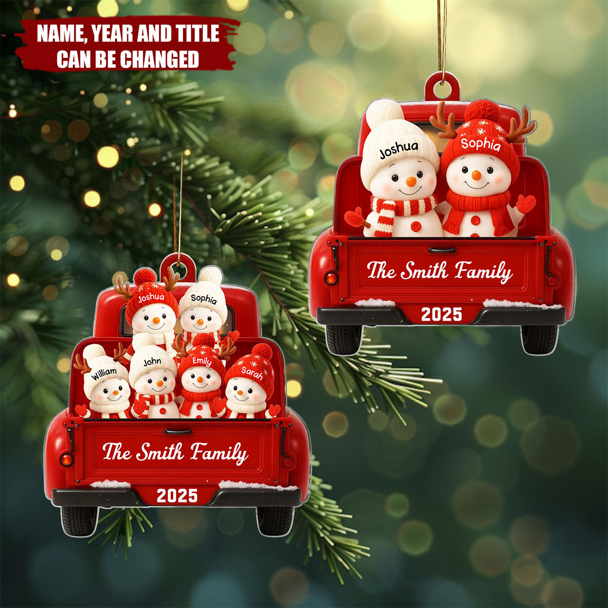 Personalized Family Snowman on Christmas Truck Ornament With Kid's Names & Year | Light up a warm Christmas For Family