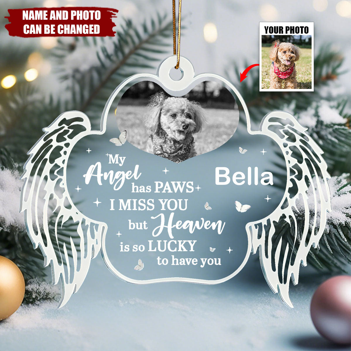 Personalized Angel Wings Pet Memorial Ornament With Photo & Name,Forever Sympathy Gift For Pet Dog Or Cat