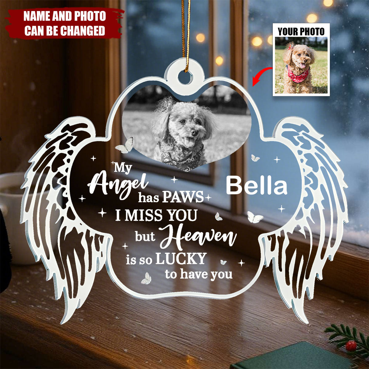 Personalized Angel Wings Pet Memorial Ornament With Photo & Name,Forever Sympathy Gift For Pet Dog Or Cat