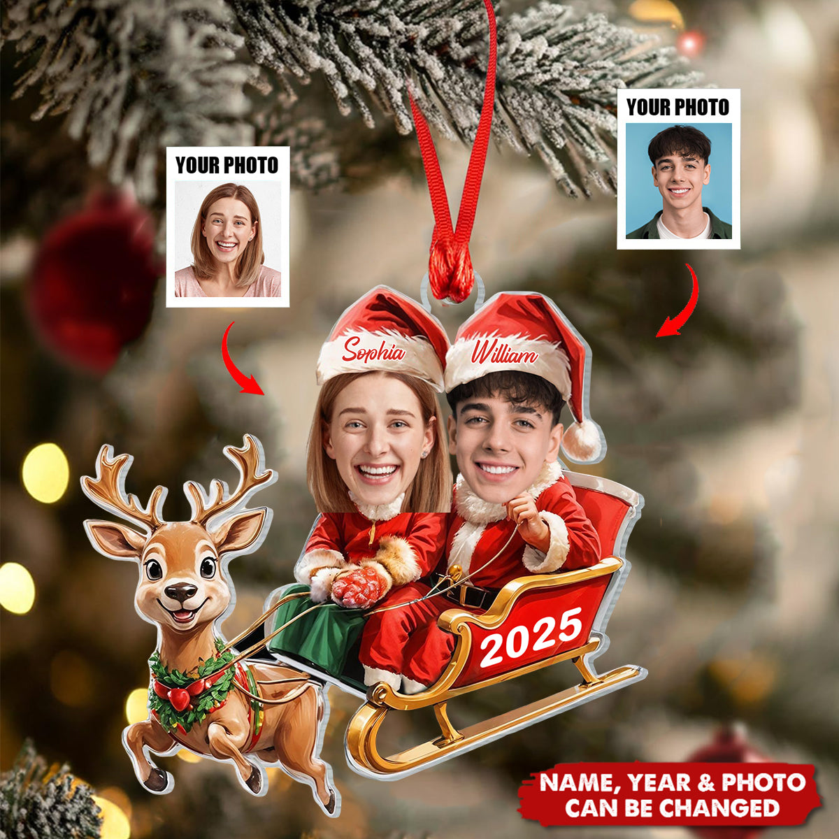 Personalized Reindeer sleigh Ornament With Photo Names and Year,Heartwarming Christmas Gift For Best Couple & Friends