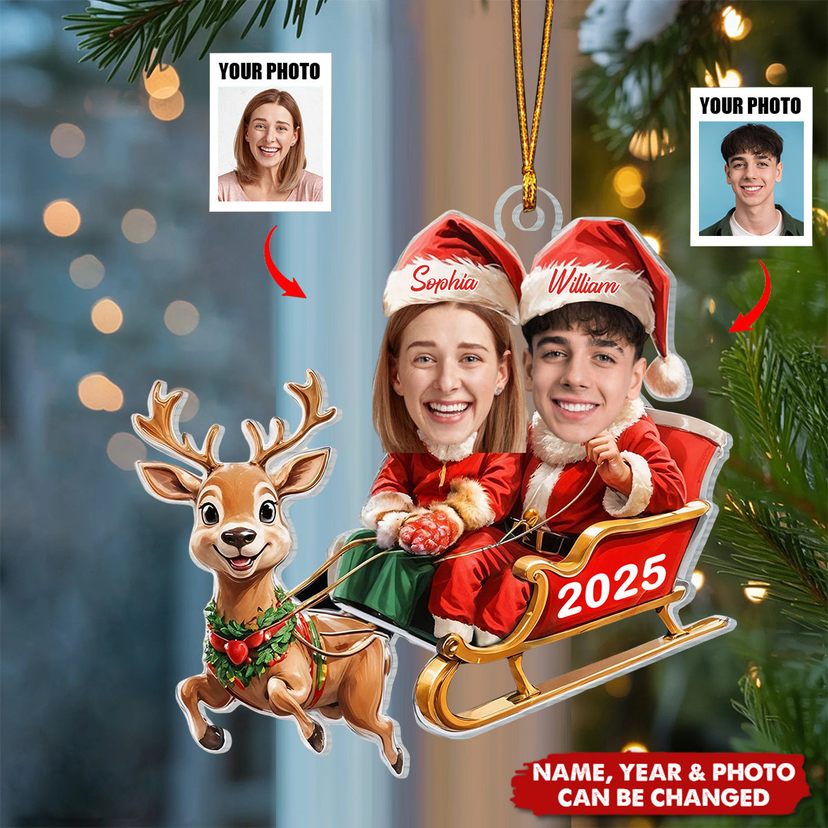 Personalized Reindeer sleigh Ornament With Photo Names and Year,Heartwarming Christmas Gift For Best Couple & Friends